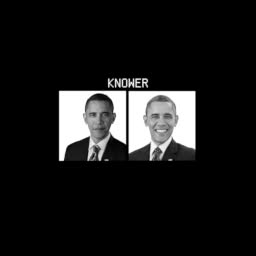 2 slightly different monochrome portraits of Barack Obama on a black
background
